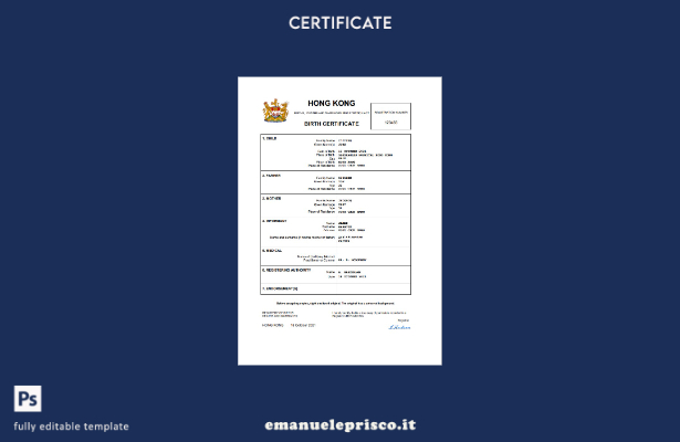 Modello Word e PDF del certificato di nascita di Hong Kong in stile verificato